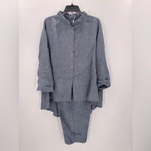 KIYO USA Blue Stripe Tunic Top + Relaxed Fit Pants Set Art to Wear Large XL FLAW